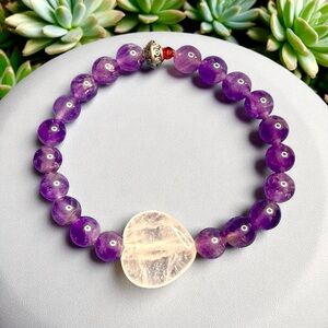 Purple Amethyst Bracelet with Crystal Quartz Heart
